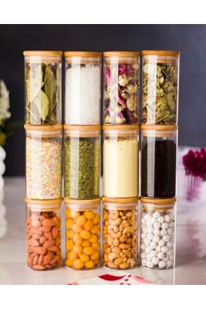 Set of 12 250ml Bamboo Vacuum Spice Jars with Lids Spice Jar Set-11cmx6cm 111218020901 - Kitchen Pembelia