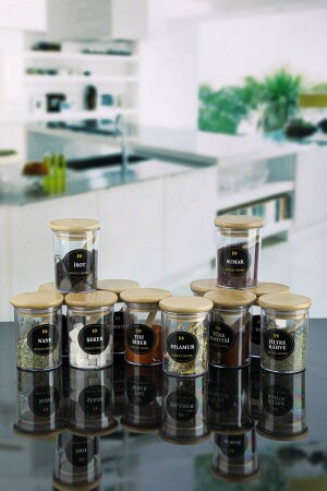 Set of 12 Bamboo Covered Acrylic Spice Jars and Spoons ACRYLIC - Karçiçeği Home