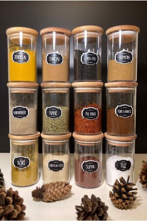Set of 12 Bamboo Lids and Labeled Glass 250 ml Spice Jars 080818020900050 - Pembelia Life