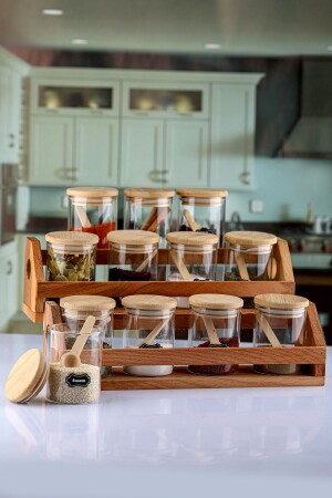 Set of 12 Bamboo Spice Jars with Lids and Spoons Original Series with Label Gift - Karçiçeği Home