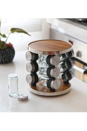 Set of 12 Glass Salt Shakers, Pepper Shakers and Spice Shakers with Rotating Stand PNK7204 - Pinkev