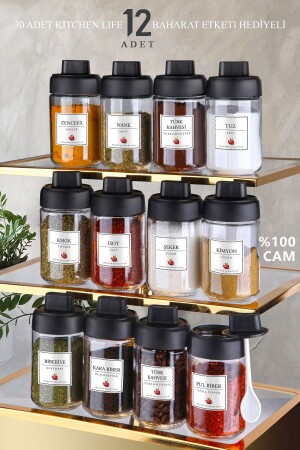 Set of 12 Lockable Glass Spice Jars with Lids and Spoons 300 ml MCH08709 - Kitchen Life