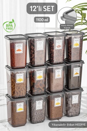 Set of 12 Melly Square Food Storage Container with Leak Proof Lid Anthracite 12 X 1. MCH-248 with 10 Lt Label - Meleni Home