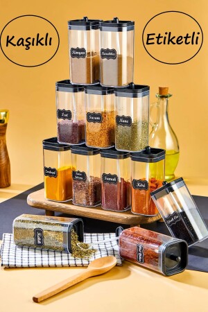 Set of 12 Mica Spice Jars with Lids, Spoons and Label 300 ml Acrylic Spice Set LDR434009 - LİDER TİCARET