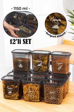 Set of 12 Peggy Rectangular Storage Containers with White Screen Printing Label 1150 Ml Anthracite PGGY12LI1150 - Vienev