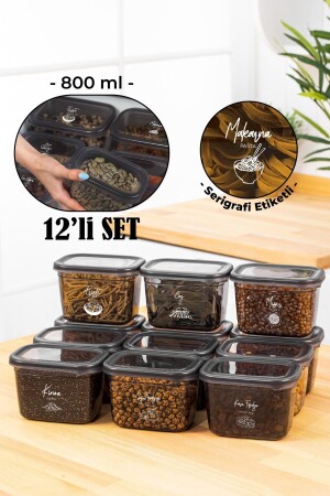 Set of 12 Peggy Rectangular Storage Containers with White Screen Printing Label 800 Ml Anthracite PGGY12LI800 - Vienev