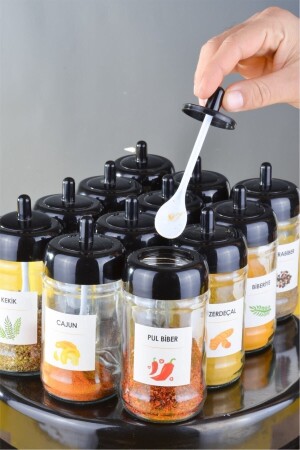 Set of 12 Spice Jars with Lids and Spoons and 24 Pieces of Water Resistant Labels - 300ml Szk-kk. 01 - Sezka Life