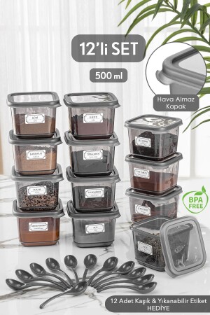 Set of 12 Square Food Storage Container with Leak Proof Lid Anthracite 12 X 0. MCH-278 with 50 Lt Label - Meleni Home