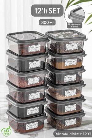 Set of 12 Square Food Storage Containers with Lids Spice Jar Set Labeled 12x 300 ml MCH-644 - Meleni Home