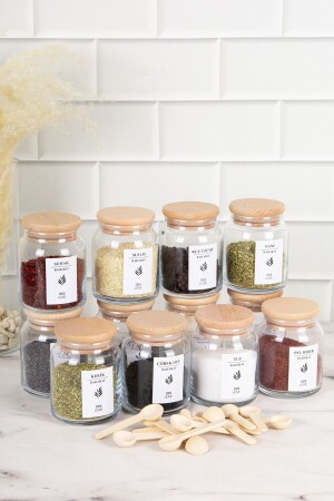 Set of 12 Wooden Spice Jars with Vacuum Lids, 12 Spice Spoons and Storage Container with Spice Label 300 ml DNS-12li300 - DNS HOME