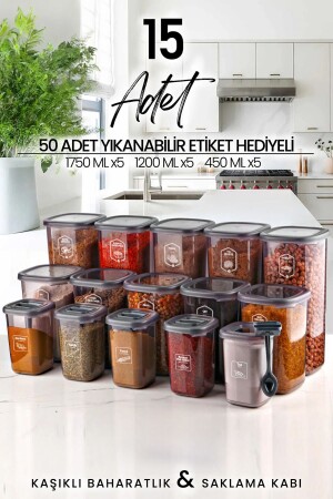 Set of 15 Labeled Square Food Storage Containers and Spice Jars with Spoons - (1750ML 1200ML 400 ML) MCH009505 - Kitchen Life