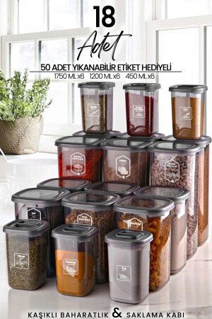 Set of 18 Labeled Square Food Storage Containers and Spice Jars with Spoons - (1750ML 1200ML 400ML) MCH009553 - Kitchen Life