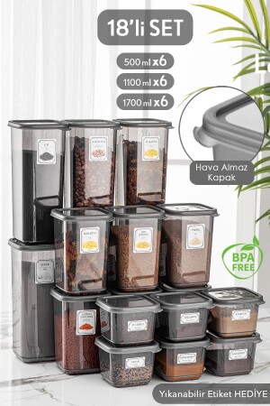 Set of 18 Square Food Storage Containers with Lids Anthracite 6x(0,50 LT-1,10 LT -1,70 LT) Labeled Spice Shaker MCH-256 - Meleni Home