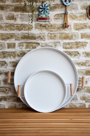 Set of 2 45 cm Metal Tray with Wooden Handles and 30 cm White Tray Tea Coffee Presentation Tray 30 and 45cm - kitchen trend