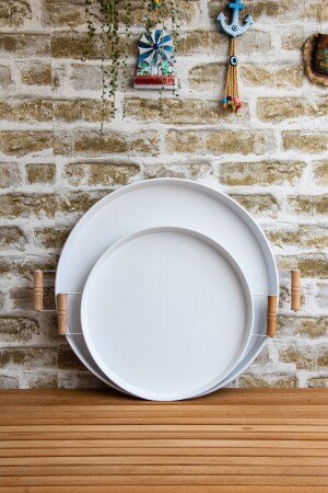 Set of 2 45 cm Metal Tray with Wooden Handles and 37 cm White Tray Tea Coffee Presentation Tray 37 and 45cm - kitchen trend