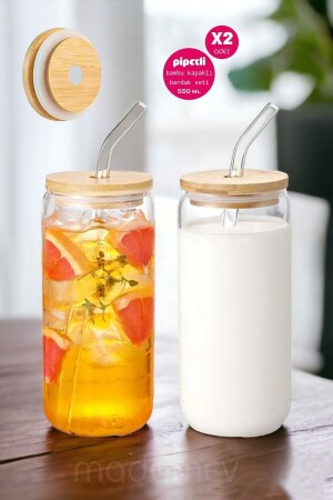 Set of 2 Bamboo Lids and Straws Heat Resistant Glass Cup 550 ml Cola Box Shaped Coffee Presentation Cup - Madamev