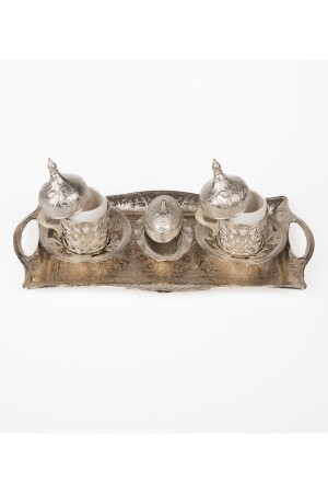 Set of 2 Bronze - Copper Ottoman Patterned Turkish Coffee Cups - Tray İPEK63920000023 - Genel Markalar