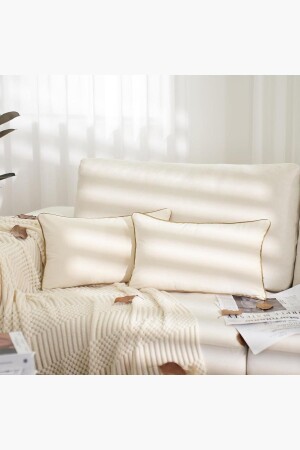 Set of 2 Cream Rectangular Throw Pillow Covers with Gold Edges - Soft Textured 2 Pieces 30 x 50cm - Bc Home
