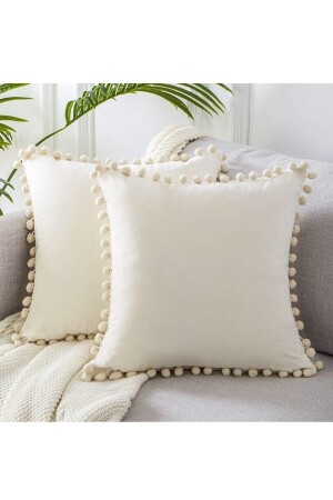 Set of 2 Cream Soft Textured Throw Pillow Covers with Tiny Pompoms - Plain - 2 Pieces - Scandinavian - Bohemian - Bc Home
