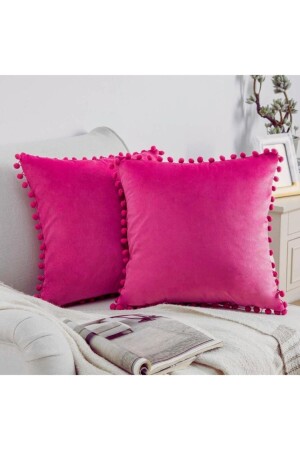 Set of 2 Fuchsia Tiny Pompom Soft Textured Throw Pillow Covers - plain - 2 Pieces - scandinavian-bohemian - Bc Home