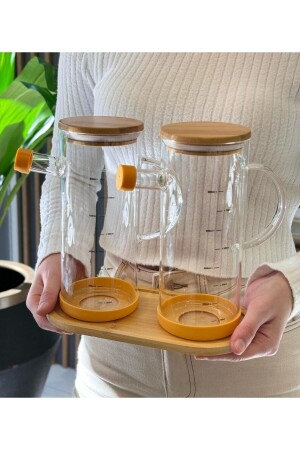 Set of 2 Glass Borosilicate Oil and Vinegar Bowls with Bamboo Base as a Gift - Onedekor