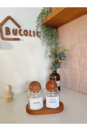 Set of 2 Glass Cotton Cups with Wooden Cover Cotton Buds Wooden Small Size Stand RT5HS - BUCOLIC
