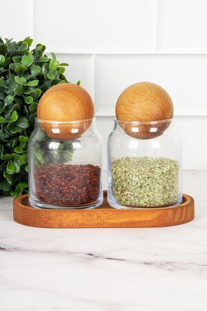 Set of 2 Glass Jars with Wooden Top Lid and Wooden Stand Spice Shaker 300 Ml DNS-2listntmini - DNS HOME