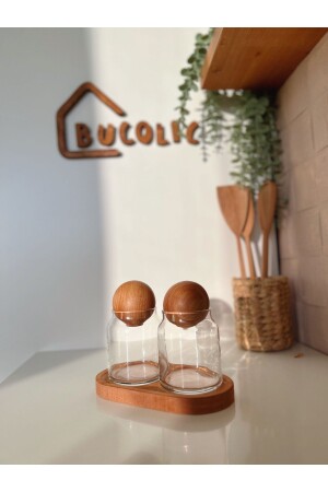 Set of 2 Glass Jars with Wooden Top Lids and Wooden Stand hy433 - BUCOLIC