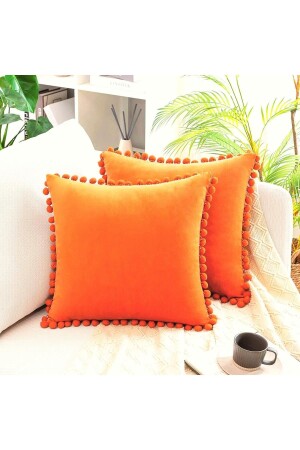 Set of 2 Orange Tiny Pompom Soft Textured Throw Pillow Covers Plain -plain- 2 Pieces -scandinavian-bohemian - Bc Home