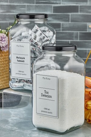 Set of 2 Powder Detergent - Dishwashing Tablets 3000 ml Glass Jar - Fbzhome