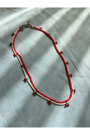 Set of 2 Red and White Beaded Cherry Necklaces - Chamis
