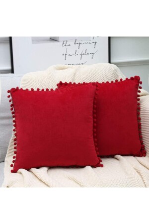Set of 2 Red Tiny Pompom Soft Textured Throw Pillow Covers - plain - 2 Pieces - scandinavian-bohemian - Bc Home