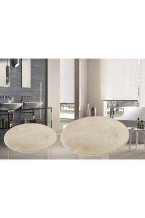 Set of 2 Round Fleece Plush Bath Mat Set Large Size Gel Base Toilet Bowl Mink 100x100 80x80 ELEGANS88 - Sarar