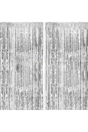 Set of 2 Silver Gray Door Wall Party Backdrop Curtain Glittering Adhesive Birthday Photo Curtain - Parti Dolabı