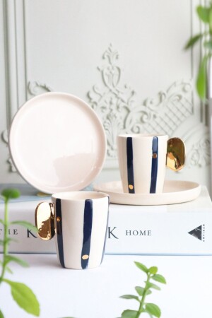 Set of 2 Special Design 24k Real Gold Decorated Handmade Ceramic Coffee Cups 90ml gold-dark blue-1 - ada mia seramik
