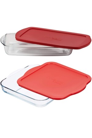 Set of 2 Square and Rectangular Red Pyrex Glass with Lids Paşabahçe 59024 & 59006 - Paşabahçe