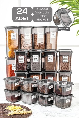 Set of 24 Square Food Storage Containers with Lids Anthracite 8x(0,50 LT-1,10 LT -1,70 LT) with Label Gift MCH-258 - Meleni Home