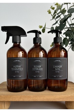 Set of 3 500ml Amber Bottle Spray Kitchen Cleaner & Dish Detergent & Bleach Black 3lüsetner2 - GO BLOBS