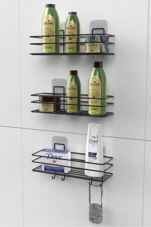 Set of 3 Adhesive 4 Hooks Stainless Bathroom Shelf Matte Black Bathroom Shampoo Holder Shower Cabin Shower Hanger - Karteya