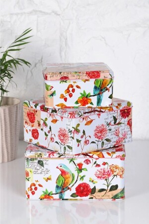 Set of 3 Bird Patterned Square Multi-Purpose Metal Food Storage Container Decorative Box Gift Box - Genel Markalar
