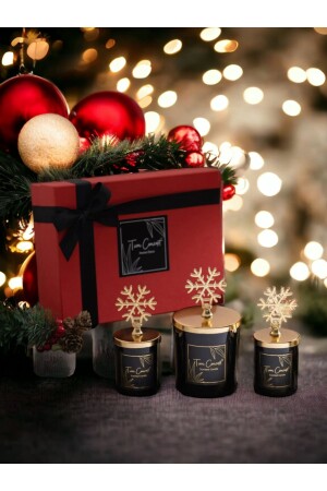 Set of 3 Black Cup Candles with Gold Snowflake and Decorative Red Gift Box - Tiem Concept