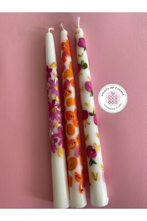 Set of 3 Floral and Mixed Patterned Hand Painted Candlestick Candles - Lıghts Of Candle Handmade & 2020