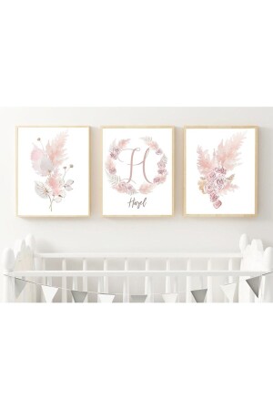 Set of 3 Flower Patterned Baby Personalized Name Children's room 20 x 30 cm FRAME LOOK MDF Painting - Primero