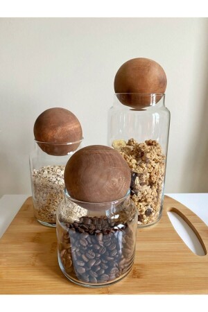 Set of 3 Glass Jars with Wooden Ball Lids K123 - Roza Homee