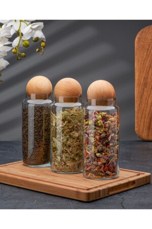 Set of 3 Glass Jars with Wooden Ball Lids, Sugar Bowl, Snack Bowl, Spice Bowl and Storage Container 1. 4 Liters - Demirhan Home