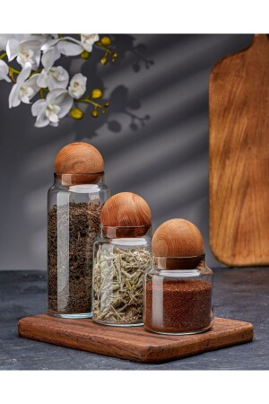 Set of 3 Glass Jars with Wooden Ball Lids, Sugar Bowl, Snack Bowl, Spice Jar and Storage Container - Demirhan Home
