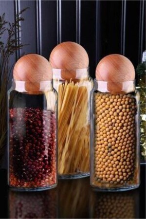 Set of 3 Glass Jars with Wooden Top Lids Snacks and Spices Storage Container AS51 - ASİL HOME ELEGANCE