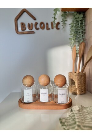 Set of 3 Glass Spice Jars and Jars with Wooden Stands and Wooden Top Lids ba21311 - BUCOLIC