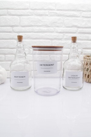 Set of 3 - Powder Detergent Jar with Wooden Lid & Liquid Detergent and Softener Bottle with Cork Lid zeze001001 - zezedesing