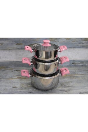 Set of 3 Steel Pots with Glass Lids and Pink Handles Meld 333 - Sole